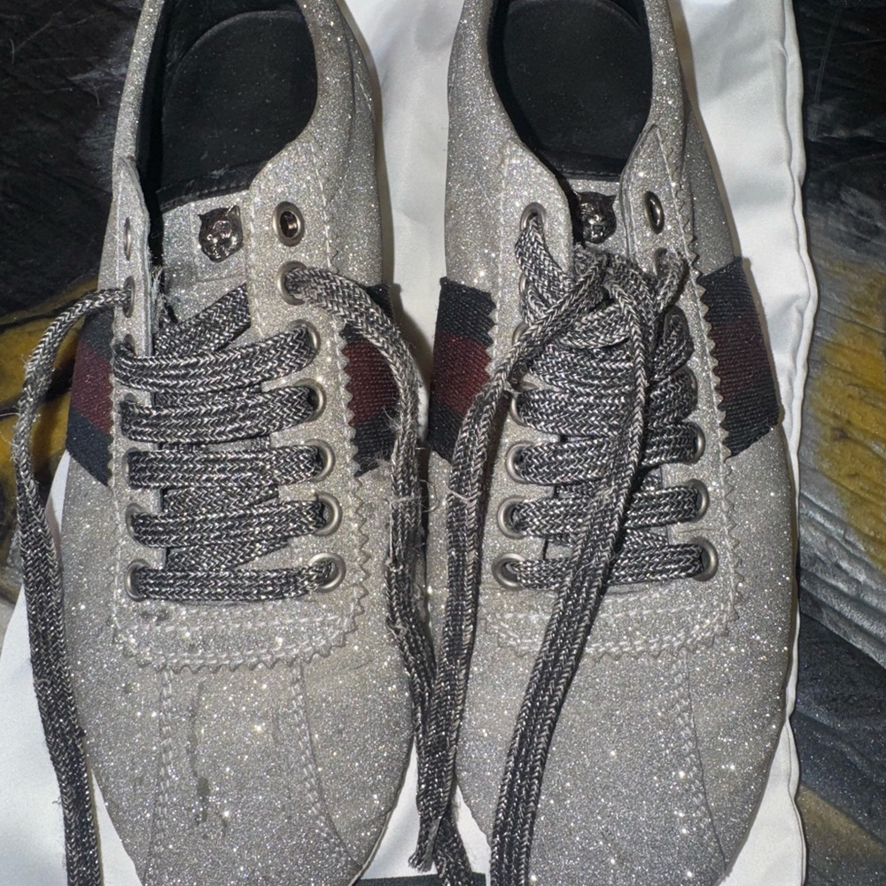 Gucci Sparkling Silver Sneakers with Black and Red Stripes 37.5